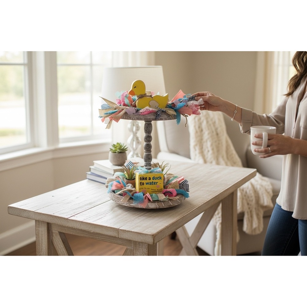 Farmhouse Tiered Tray Decor Set Yellow Duck Rag Garland Rustic Wood Sign Bundle